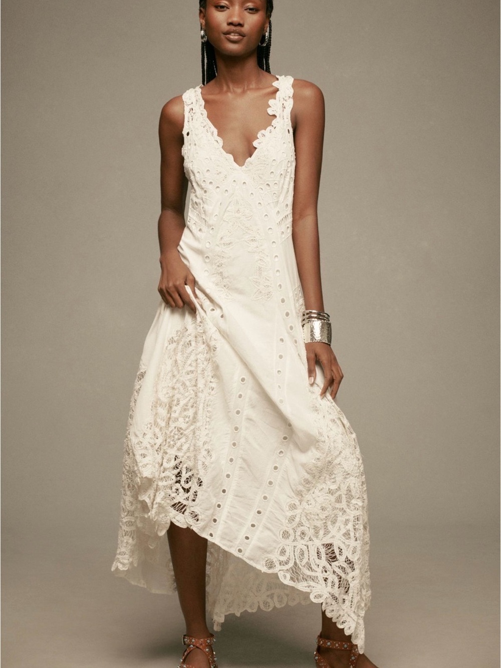 Anthropologie Cream V-Neck A-Line Lace Maxi Dress